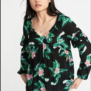 Old Navy Tropical Vacation Bird Print Black Peasant Blouse